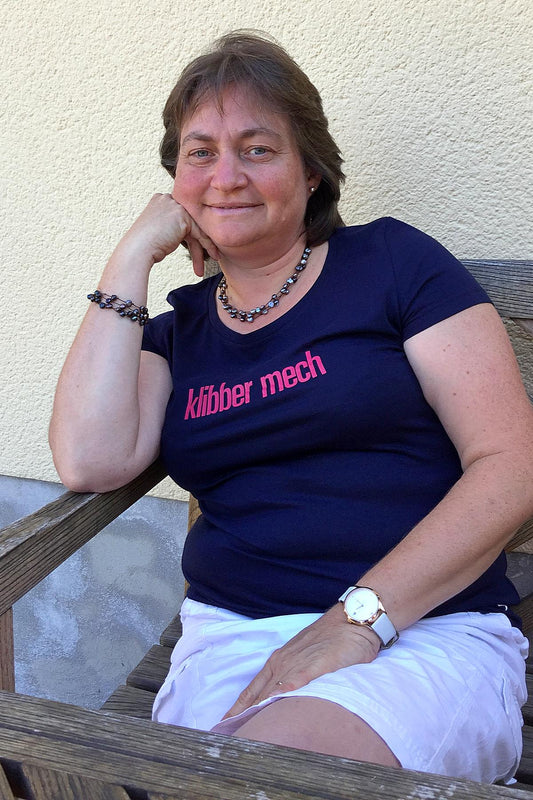 WOMEN'S T-SHIRT "klibber mech": Shirt colour "French navy", Print "red"