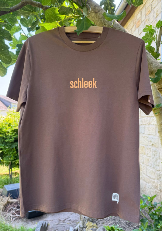 Brown t-shirt with 'schleek' logo on a hanger outdoors.